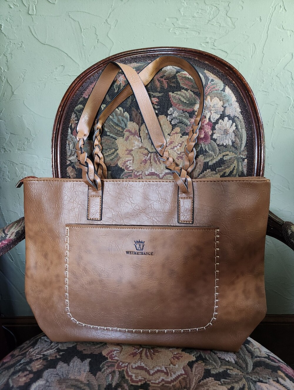WEIMEIBAIGE Tan Faux Leather Dbl Braided-Handle Tote w/wo Tassel Detail